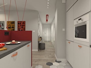 I wtedy stało się czerwone - Średnia otwarta z salonem z kamiennym blatem szara z zabudowaną lodówką kuchnia dwurzędowa, styl nowoczesny - zdjęcie od ARCHITEKSTURA Malwina Kroll architekt