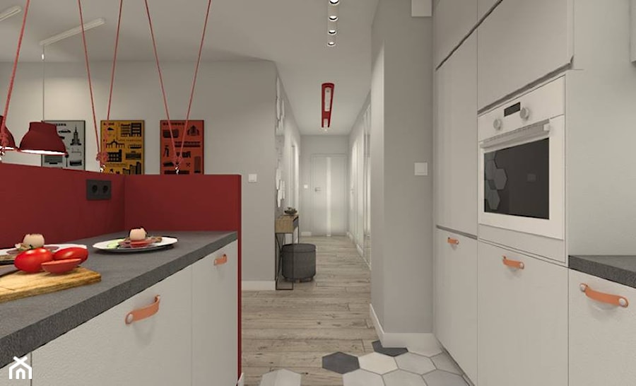 I wtedy stało się czerwone - Średnia otwarta z salonem z kamiennym blatem szara z zabudowaną lodówką kuchnia dwurzędowa, styl nowoczesny - zdjęcie od ARCHITEKSTURA Malwina Kroll architekt
