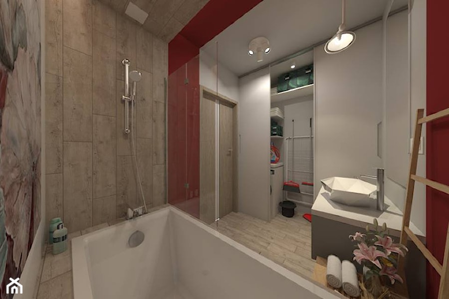 I wtedy stało się czerwone - Średnia bez okna z pralką / suszarką z lustrem z punktowym oświetleniem łazienka, styl nowoczesny - zdjęcie od ARCHITEKSTURA Malwina Kroll architekt