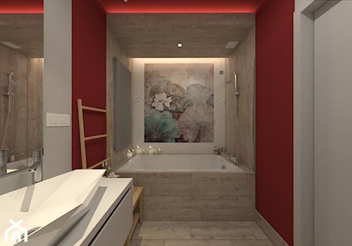 I wtedy stało się czerwone - Mała bez okna z lustrem z punktowym oświetleniem łazienka, styl nowoczesny - zdjęcie od ARCHITEKSTURA Malwina Kroll architekt