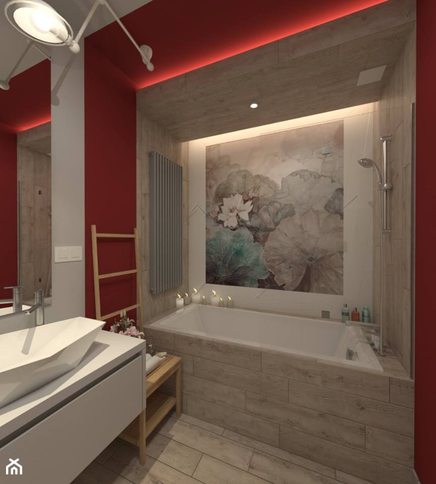 I wtedy stało się czerwone - Mała bez okna z lustrem z punktowym oświetleniem łazienka, styl nowoczesny - zdjęcie od ARCHITEKSTURA Malwina Kroll architekt