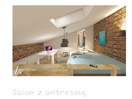 Aranżacje wnętrz - Salon: Trzy kolory - cegła - Salon, styl nowoczesny - ARCHITEKSTURA Malwina Kroll architekt. Przeglądaj, dodawaj i zapisuj najlepsze zdjęcia, pomysły i inspiracje designerskie. W bazie mamy już prawie milion fotografii!