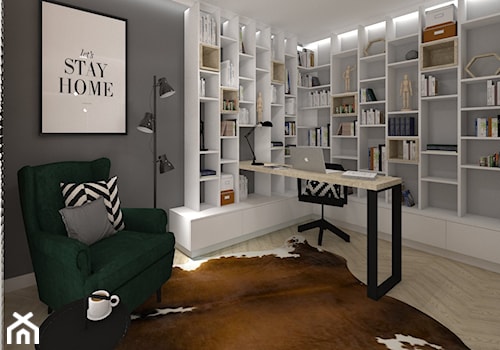 Dom pod Krakowem 2017 - Średnie w osobnym pomieszczeniu z zabudowanym biurkiem szare biuro, styl skandynawski - zdjęcie od MJ Design Monika Juszczel