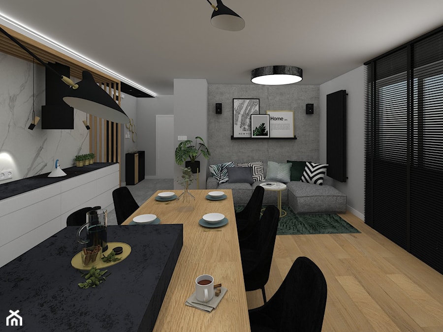 Mieszkanie Ostrowiec Św. 2019 - Średni szary salon z kuchnią z jadalnią, styl nowoczesny - zdjęcie od MJ Design Monika Juszczel
