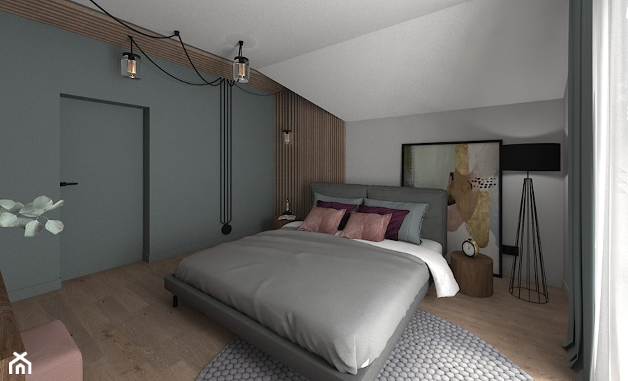 Dom pod lasem 2019 - Średnia biała czarna sypialnia na poddaszu, styl nowoczesny - zdjęcie od MJ Design Monika Juszczel