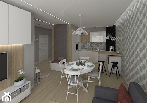 Mieszkanie Wrocław 2016 - Średnia otwarta z salonem szara z zabudowaną lodówką kuchnia w kształcie litery u, styl skandynawski - zdjęcie od MJ Design Monika Juszczel