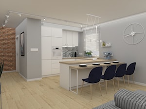 Apartament Kraków 2019 - Średnia otwarta z salonem szara z zabudowaną lodówką z nablatowym zlewozmywakiem kuchnia w kształcie litery u z oknem, styl nowoczesny - zdjęcie od MJ Design Monika Juszczel