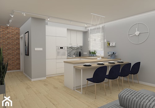 Apartament Kraków 2019 - Średnia otwarta z salonem szara z zabudowaną lodówką z nablatowym zlewozmywakiem kuchnia w kształcie litery u z oknem, styl nowoczesny - zdjęcie od MJ Design Monika Juszczel