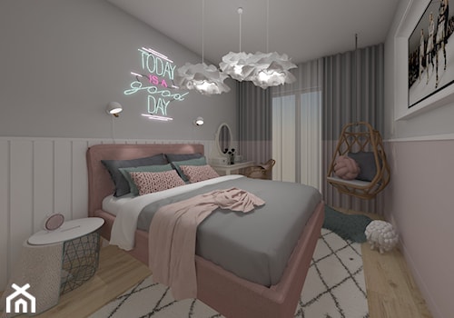 Mieszkanie Warszawa 2018 - Mała różowa szara z panelami tapicerowanymi sypialnia, styl skandynawski - zdjęcie od MJ Design Monika Juszczel
