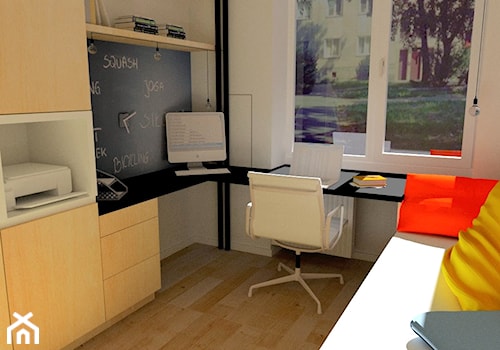 Małe w osobnym pomieszczeniu z sofą z zabudowanym biurkiem białe biuro, styl nowoczesny - zdjęcie od KPstudio