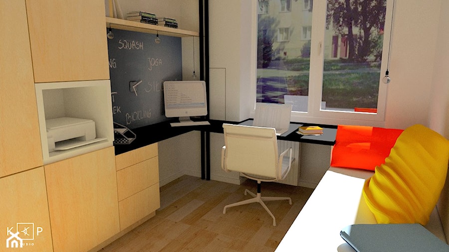 Małe w osobnym pomieszczeniu z sofą z zabudowanym biurkiem białe biuro, styl nowoczesny - zdjęcie od KPstudio
