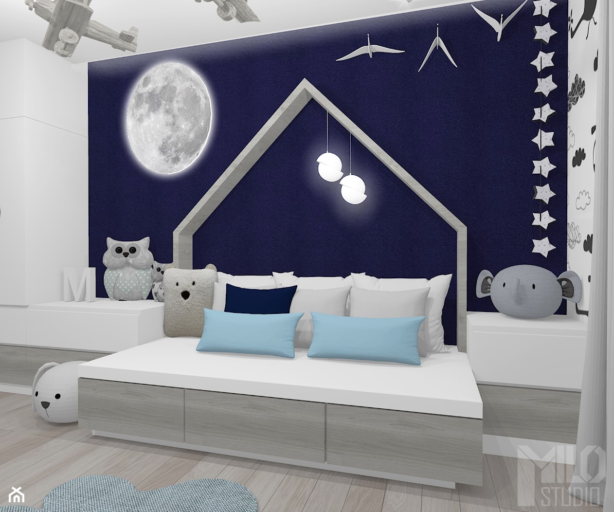 Pokój chłopca z motywem księżyca - Średni biały czarny pokój dziecka dla nastolatka dla chłopca dla dziewczynki, styl nowoczesny - zdjęcie od MILO studio - Homebook