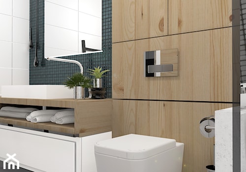 Jasna łazienka z czarną mozaiką i drewnem - zdjęcie od MILO studio