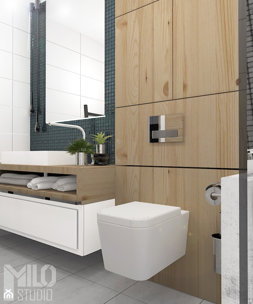 Jasna łazienka z czarną mozaiką i drewnem - zdjęcie od MILO studio - Homebook