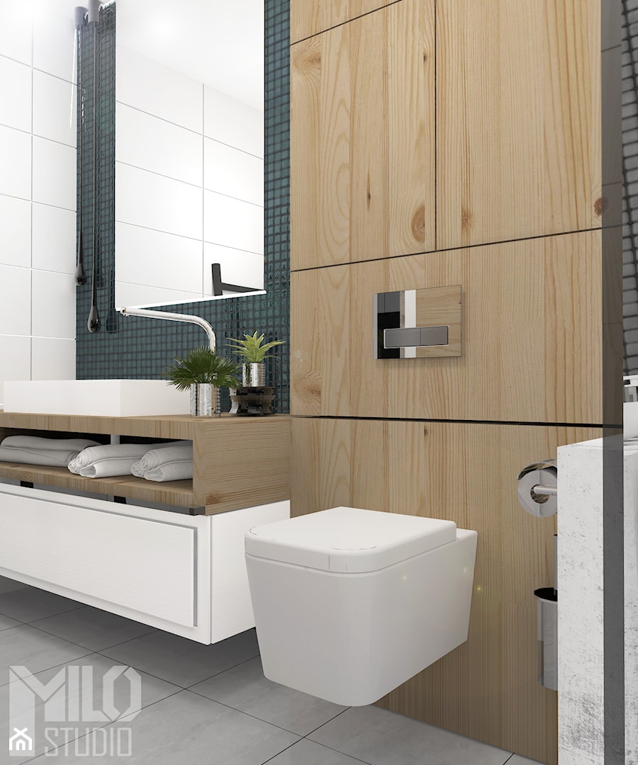 Jasna łazienka z czarną mozaiką i drewnem - zdjęcie od MILO studio