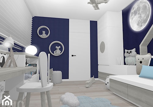 Pokój chłopca z motywem księżyca - Średni biały niebieski pokój dziecka dla dziecka dla chłopca, styl nowoczesny - zdjęcie od MILO studio