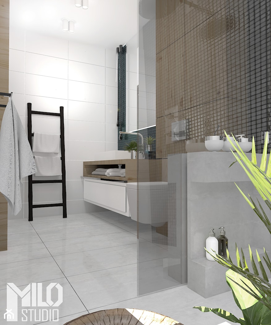 Jasna łazienka z czarną mozaiką i drewnem - zdjęcie od MILO studio - Homebook