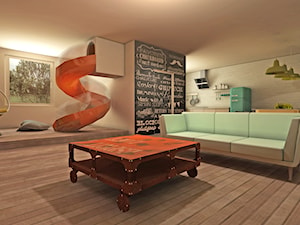 Salon z jadalnią, kuchnią... i zjeżdżalnią - Salon, styl nowoczesny - zdjęcie od DizajnLowe Studio