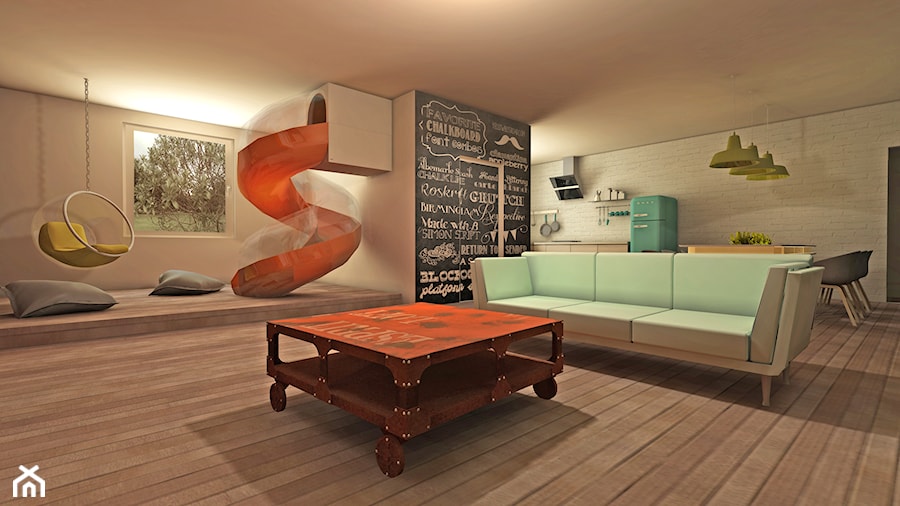 Salon z jadalnią, kuchnią... i zjeżdżalnią - Salon, styl nowoczesny - zdjęcie od DizajnLowe Studio