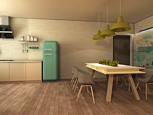Salon z jadalnią, kuchnią... i zjeżdżalnią - Jadalnia, styl nowoczesny - zdjęcie od DizajnLowe Studio