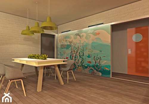 Salon z jadalnią, kuchnią... i zjeżdżalnią - Duża szara jadalnia jako osobne pomieszczenie, styl nowoczesny - zdjęcie od DizajnLowe Studio