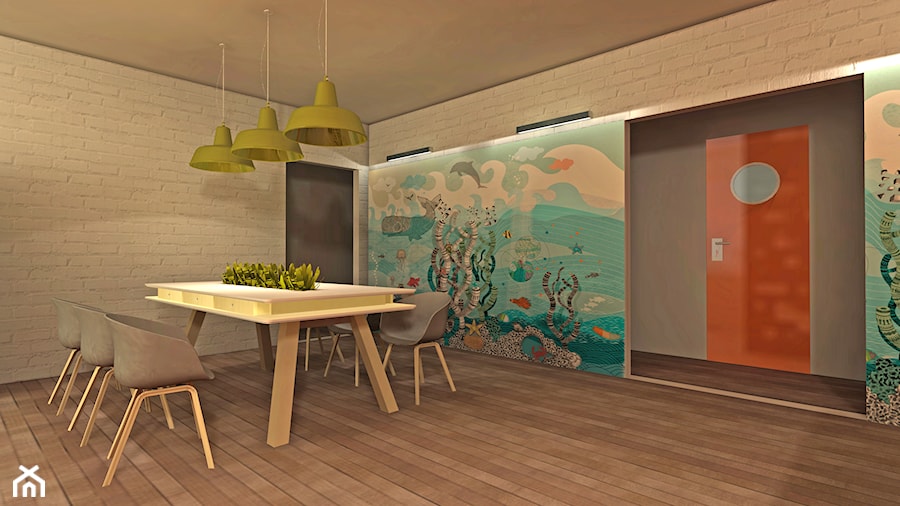 Salon z jadalnią, kuchnią... i zjeżdżalnią - Duża szara jadalnia jako osobne pomieszczenie, styl nowoczesny - zdjęcie od DizajnLowe Studio