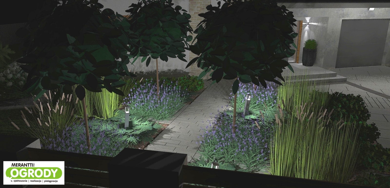 Projekt ogrodu nowoczesnego w Olsztynie nocą - zdjęcie od Merantti design - Projektowanie wnętrz i ogrodów - Homebook