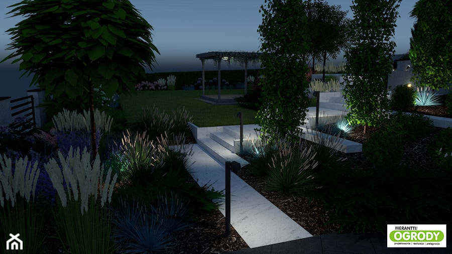 Projekt ogrodu nowoczesnego, ok. 2000 m2 w Bartągu nocą - zdjęcie od Merantti design - Projektowanie wnętrz i ogrodów