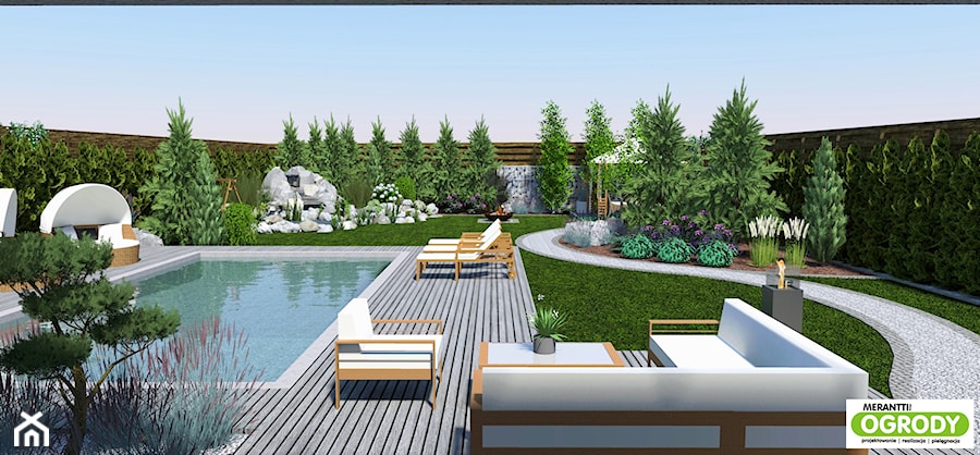 Projekt ogrodu z basenem 1000m2 w Szczytnie - zdjęcie od Merantti design - Projektowanie wnętrz i ogrodów