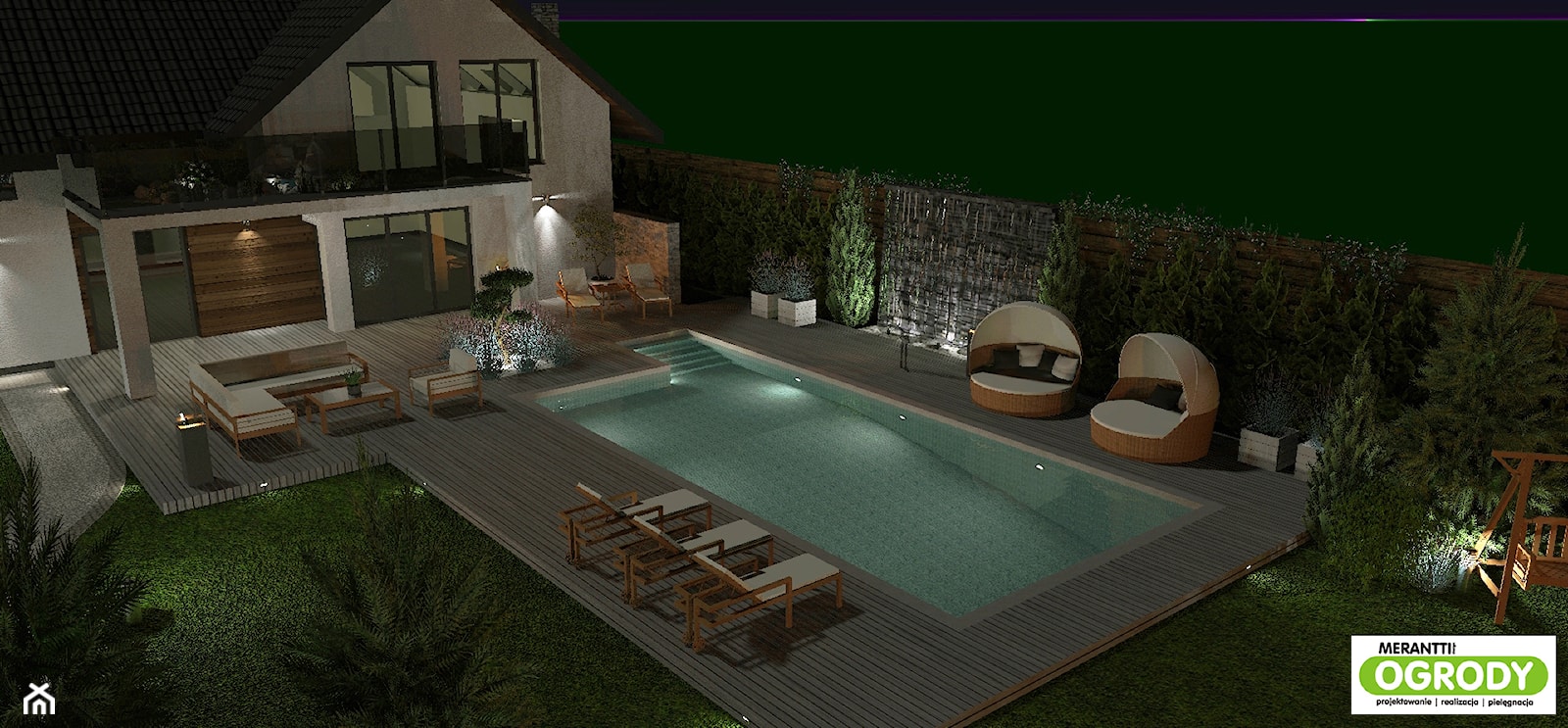 Projekt ogrodu z basenem 1000m2 nocą w Szczytnie - zdjęcie od Merantti design - Projektowanie wnętrz i ogrodów - Homebook