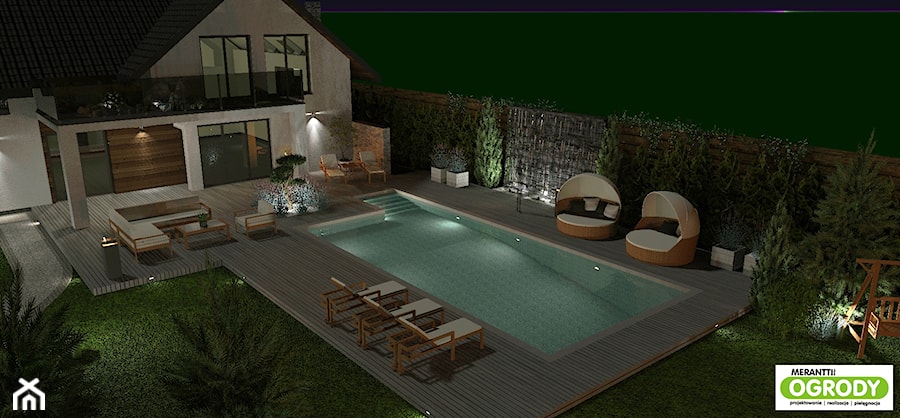 Projekt ogrodu z basenem 1000m2 nocą w Szczytnie - zdjęcie od Merantti design - Projektowanie wnętrz i ogrodów
