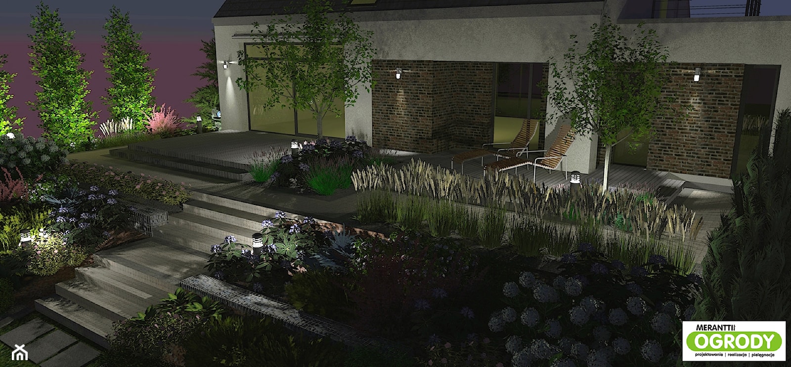Projekt ogrodu na skarpie 1500m2 nocą w Olsztynie - zdjęcie od Merantti design - Projektowanie wnętrz i ogrodów - Homebook