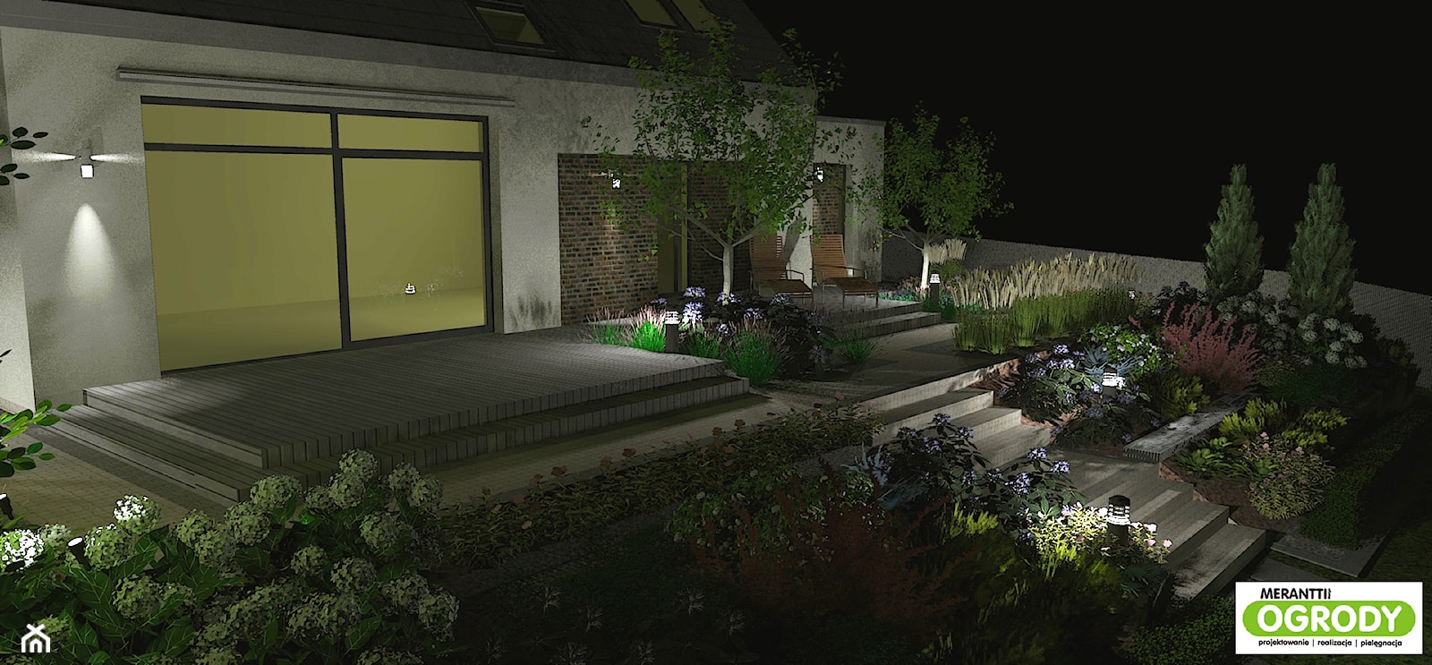 Projekt ogrodu na skarpie 1500m2 nocą w Olsztynie - zdjęcie od Merantti design - Projektowanie wnętrz i ogrodów - Homebook