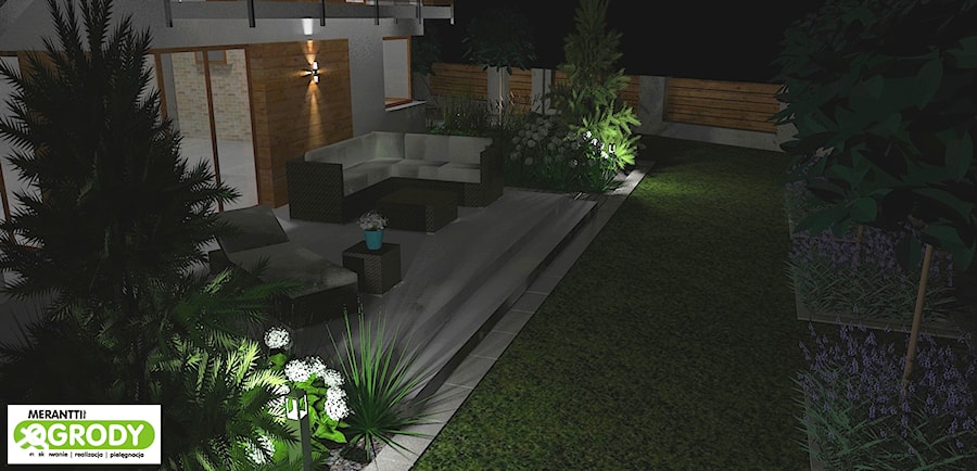 Projekt ogrodu nowoczesnego w Olsztynie nocą - zdjęcie od Merantti design - Projektowanie wnętrz i ogrodów