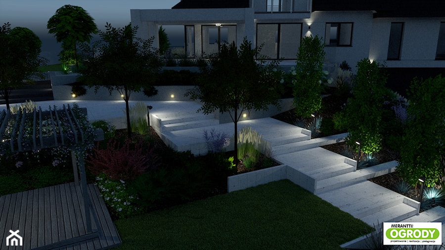 Projekt ogrodu nowoczesnego, ok. 2000 m2 w Bartągu nocą - zdjęcie od Merantti design - Projektowanie wnętrz i ogrodów