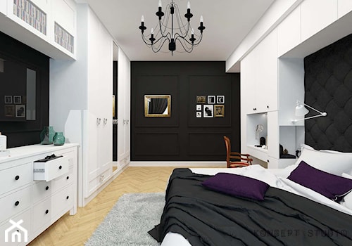 KAMIENICA NA PLACU KONSTYTUCJI - Średnia biała czarna z biurkiem sypialnia - zdjęcie od KONCEPT STUDIO