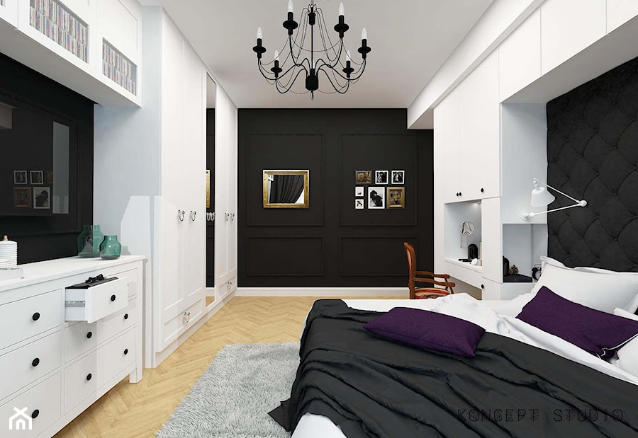 KAMIENICA NA PLACU KONSTYTUCJI - Średnia biała czarna z biurkiem sypialnia - zdjęcie od KONCEPT STUDIO