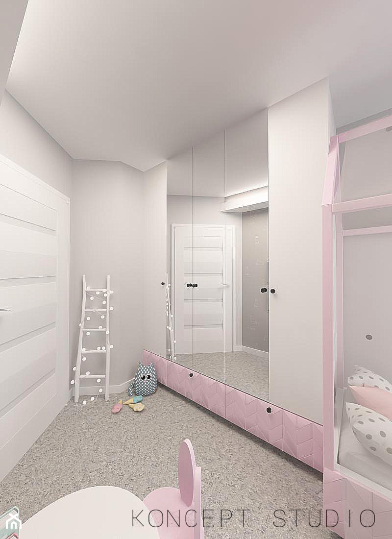 POKÓJ DLA DZIEWCZYNKI - Mały różowy szary pokój dziecka dla dziecka dla dziewczynki, styl nowoczesny - zdjęcie od KONCEPT STUDIO