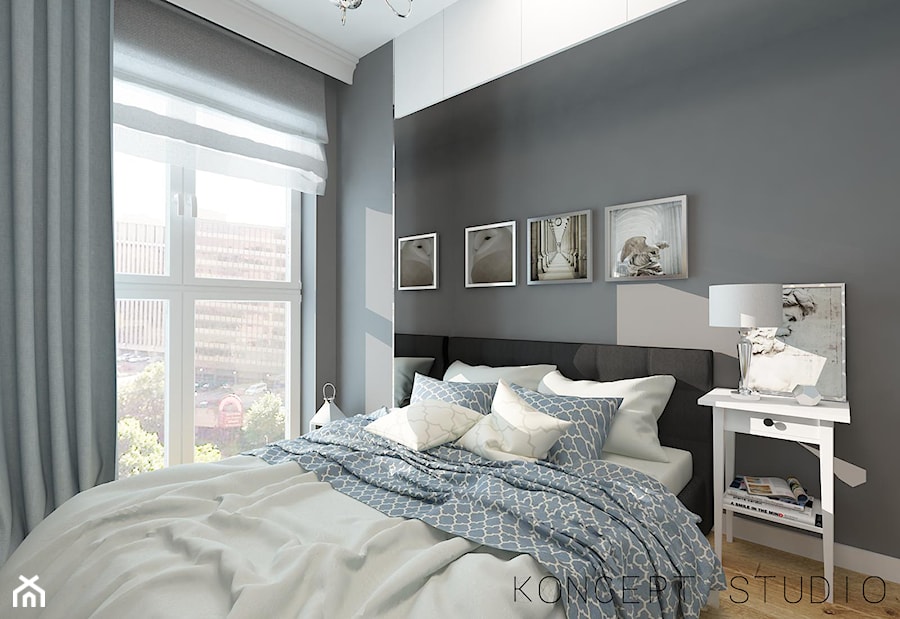 SYPIALNIA - Mała czarna szara sypialnia, styl glamour - zdjęcie od KONCEPT STUDIO