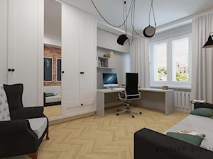 KAMIENICA NA PLACU KONSTYTUCJI - Średnie w osobnym pomieszczeniu z sofą z zabudowanym biurkiem szare biuro - zdjęcie od KONCEPT STUDIO