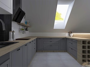 Aranżacja kuchni na poddaszu - Średnia z salonem biała z zabudowaną lodówką z podblatowym zlewozmywakiem kuchnia w kształcie litery u z oknem, styl skandynawski - zdjęcie od IN DESIGN STUDIO