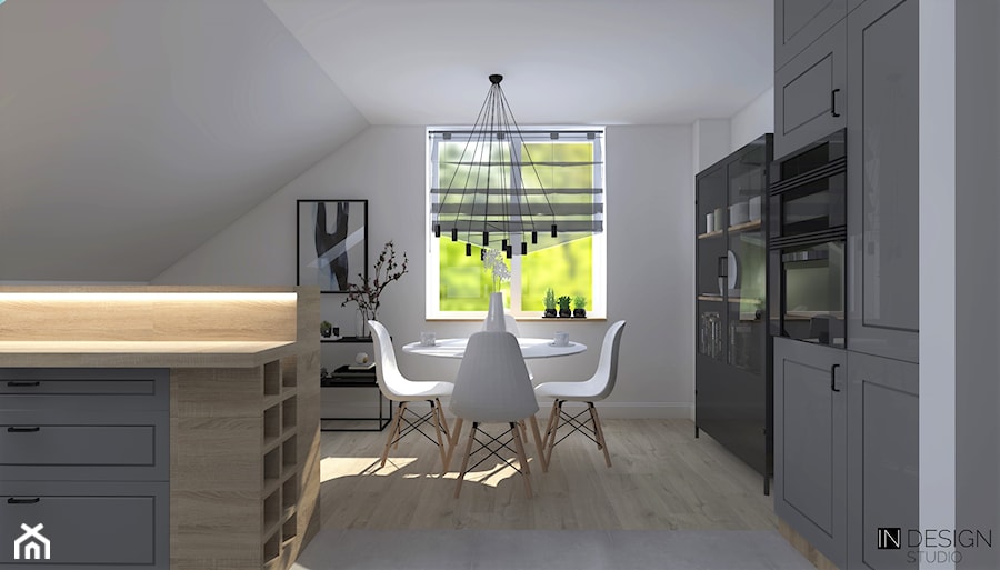 Aranżacja kuchni na poddaszu - Średnia otwarta biała z zabudowaną lodówką kuchnia w kształcie litery l z oknem, styl skandynawski - zdjęcie od IN DESIGN STUDIO