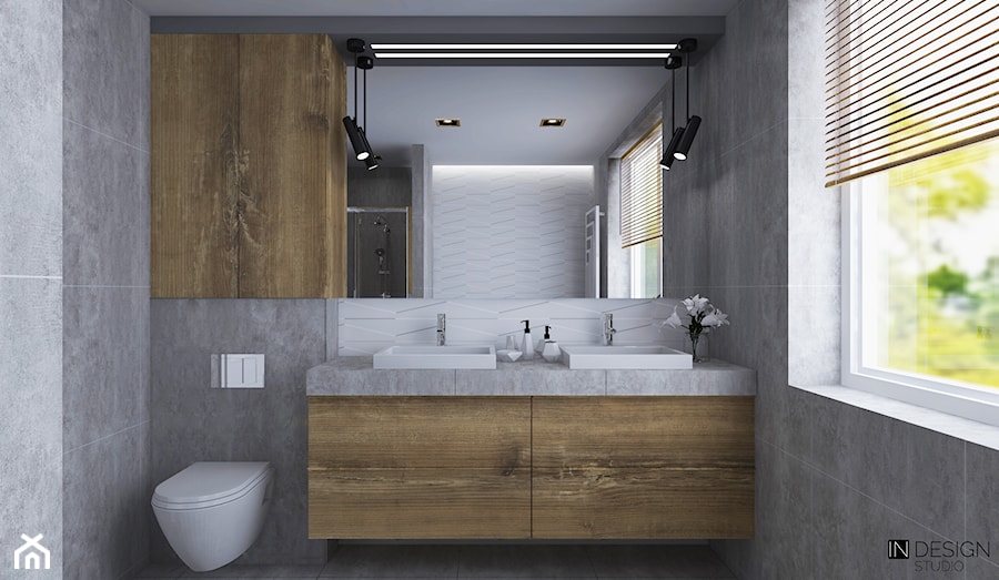 Łazienka - Średnia na poddaszu z lustrem z dwoma umywalkami łazienka z oknem, styl nowoczesny - zdjęcie od IN DESIGN STUDIO