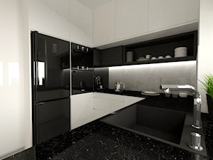 mieszkanie w bloku - Średnia z salonem z kamiennym blatem biała szara z zabudowaną lodówką z lodówką wolnostojącą z nablatowym zlewozmywakiem kuchnia w kształcie litery u z oknem, styl nowoczesny - zdjęcie od Am Design Studio projektowania wnętrz