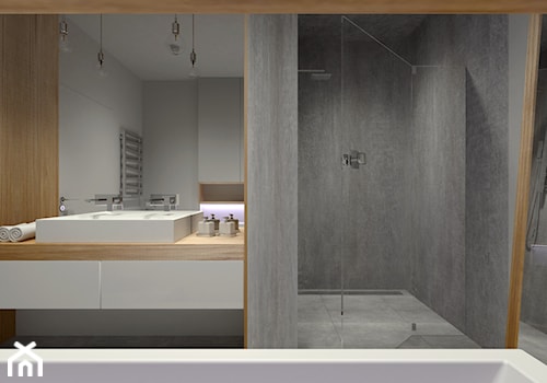 Łazienka - dom jednorodzinny Zduńska Wola - Średnia bez okna z lustrem z dwoma umywalkami łazienka, styl minimalistyczny - zdjęcie od Am Design Studio projektowania wnętrz