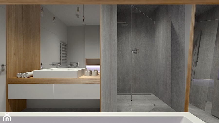Łazienka - dom jednorodzinny Zduńska Wola - Średnia bez okna z lustrem z dwoma umywalkami łazienka, styl minimalistyczny - zdjęcie od Am Design Studio projektowania wnętrz