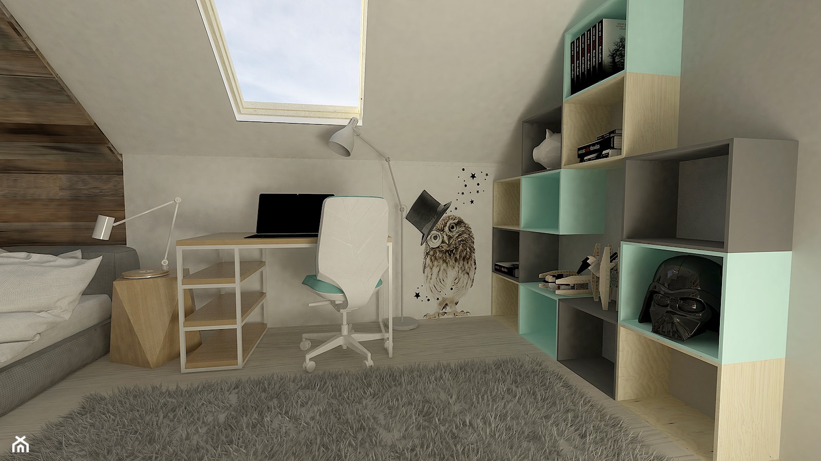 Pokój dla nastolatki na poddaszu - Średni beżowy pokój dziecka dla nastolatka dla chłopca dla dziewc ... - zdjęcie od Am Design Studio projektowania wnętrz - Homebook