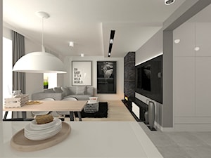 mieszkanie w bloku - Duży biały czarny szary salon z jadalnią, styl nowoczesny - zdjęcie od Am Design Studio projektowania wnętrz