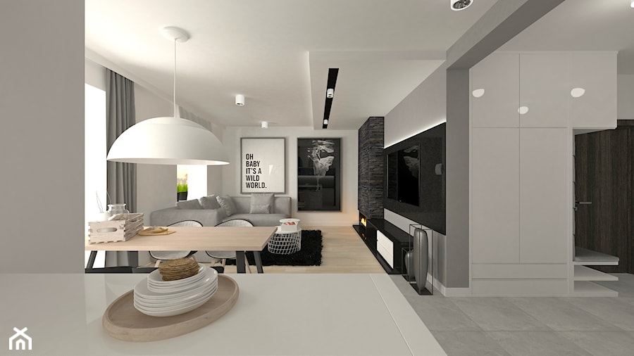 mieszkanie w bloku - Duży biały czarny szary salon z jadalnią, styl nowoczesny - zdjęcie od Am Design Studio projektowania wnętrz