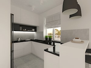 mieszkanie w bloku - Średnia otwarta biała z zabudowaną lodówką z nablatowym zlewozmywakiem kuchnia w kształcie litery g z oknem, styl nowoczesny - zdjęcie od Am Design Studio projektowania wnętrz